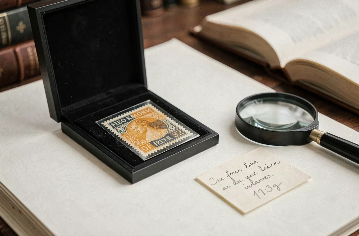 Gros plan d'un timbre français rare avec variété d'impression dans un porte-timbres philatélique avec loupe professionnelle
