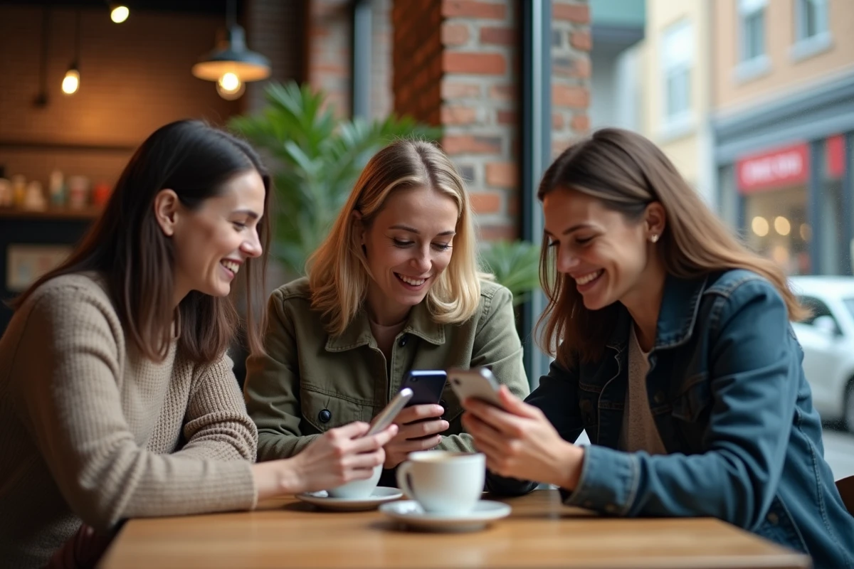 Groupe d'amis dans un café consultant leurs smartphones pour discuter sur un tchat en ligne et faire de nouvelles rencontres