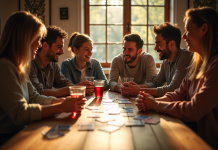 Groupe d'amis jouant aux cartes autour d'une table ensoleillée