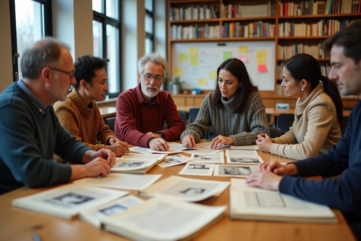 Un groupe de bénévoles réunis dans une bibliothèque communautaire examinent des archives photographiques et des transcriptions de témoignages oraux pour alimenter une encyclopédie locale