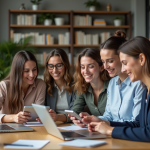 Quatre femmes collaborent sur une application digitale dans un espace de coworking