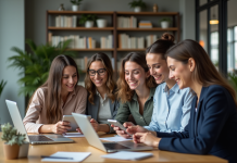 Quatre femmes collaborent sur une application digitale dans un espace de coworking