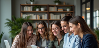 Quatre femmes collaborent sur une application digitale dans un espace de coworking