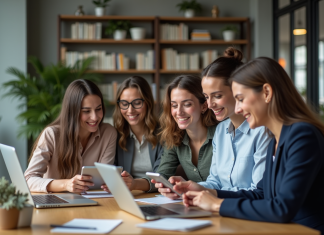 Quatre femmes collaborent sur une application digitale dans un espace de coworking