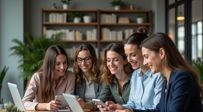 Quatre femmes collaborent sur une application digitale dans un espace de coworking