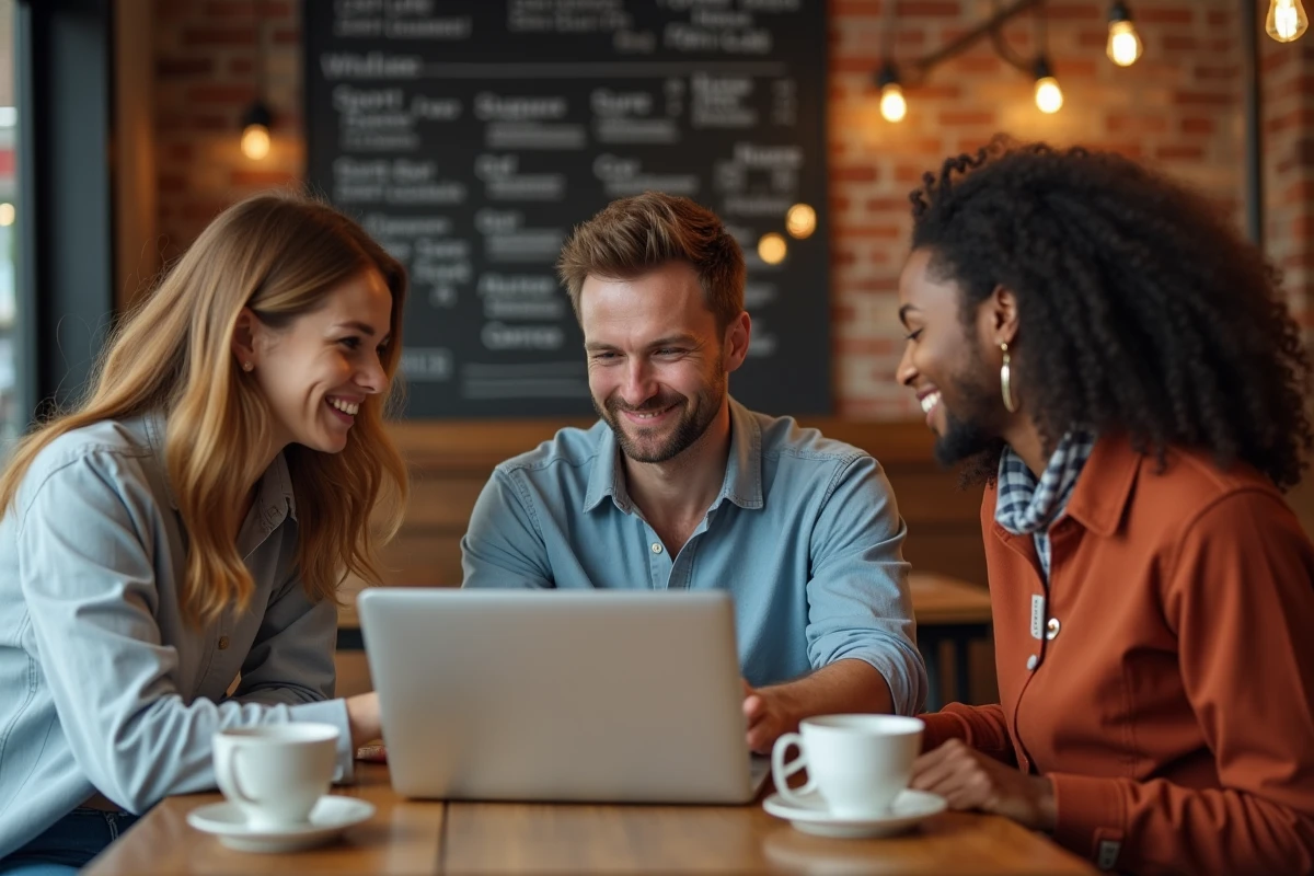 Groupe de personnes discutant d'un média numérique sport et divertissement dans un café urbain