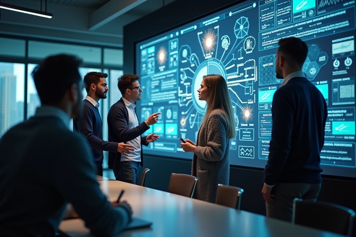 Professionnels analysent diagrammes de cybersécurité en réunion