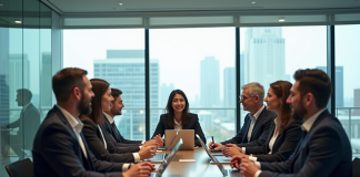 Groupe de professionnels en réunion dans un bureau moderne