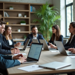 LLM avancé : comparatif des options disponibles aujourd’hui Groupe de professionnels autour d'une table avec laptops et modèles de langage