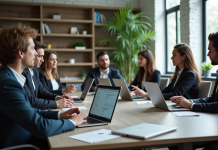 LLM avancé : comparatif des options disponibles aujourd’hui Groupe de professionnels autour d'une table avec laptops et modèles de langage