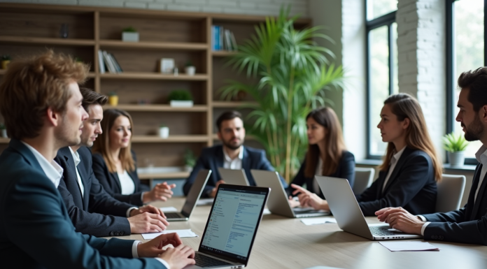 LLM avancé : comparatif des options disponibles aujourd’hui Groupe de professionnels autour d'une table avec laptops et modèles de langage