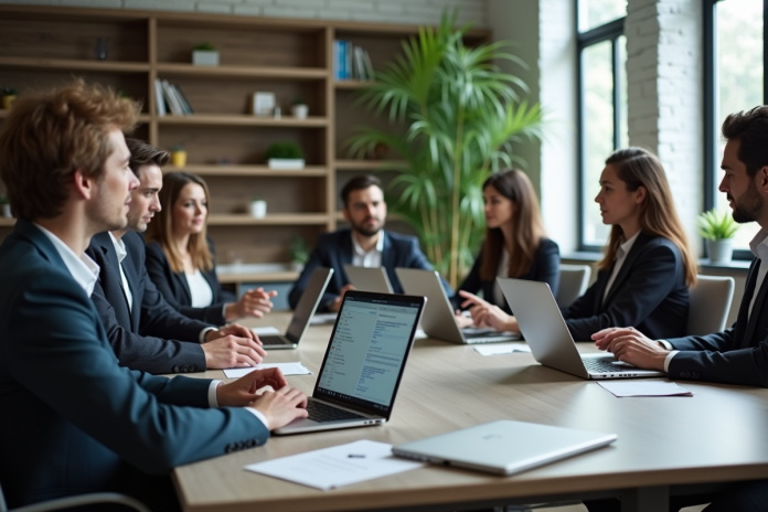 groupe-professionnels-lm-modeles Groupe de professionnels autour d'une table avec laptops et modèles de langage