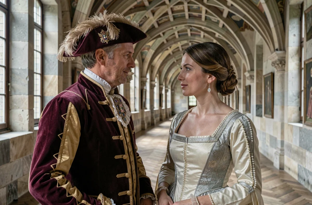 Reconstitution historique de la cour de Henri II et Diane de Poitiers dans une galerie de château Renaissance de la Loire, costumes d'époque XVIe siècle