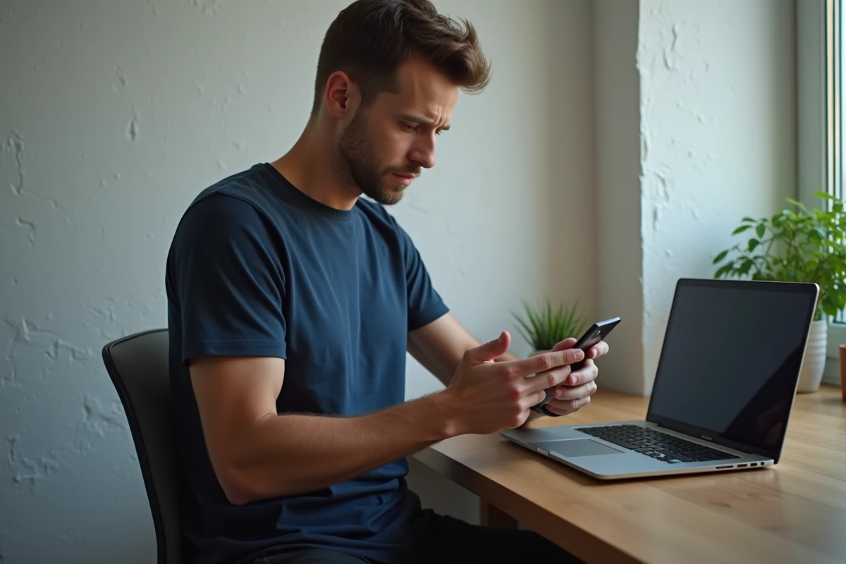 Homme scrutant une application de rencontre avec une expression dubitative dans un bureau à domicile