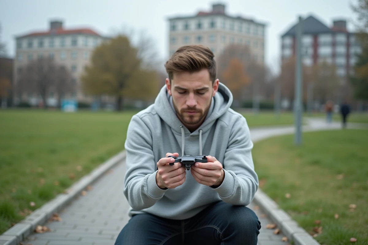 Homme installant un protège-hélices sur un minidrone Parrot dans un parc urbain
