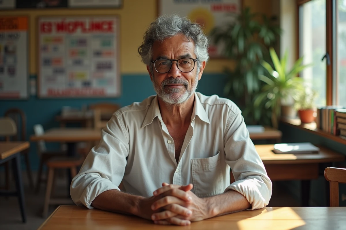 Homme assis dans un centre communautaire avec livres et posters