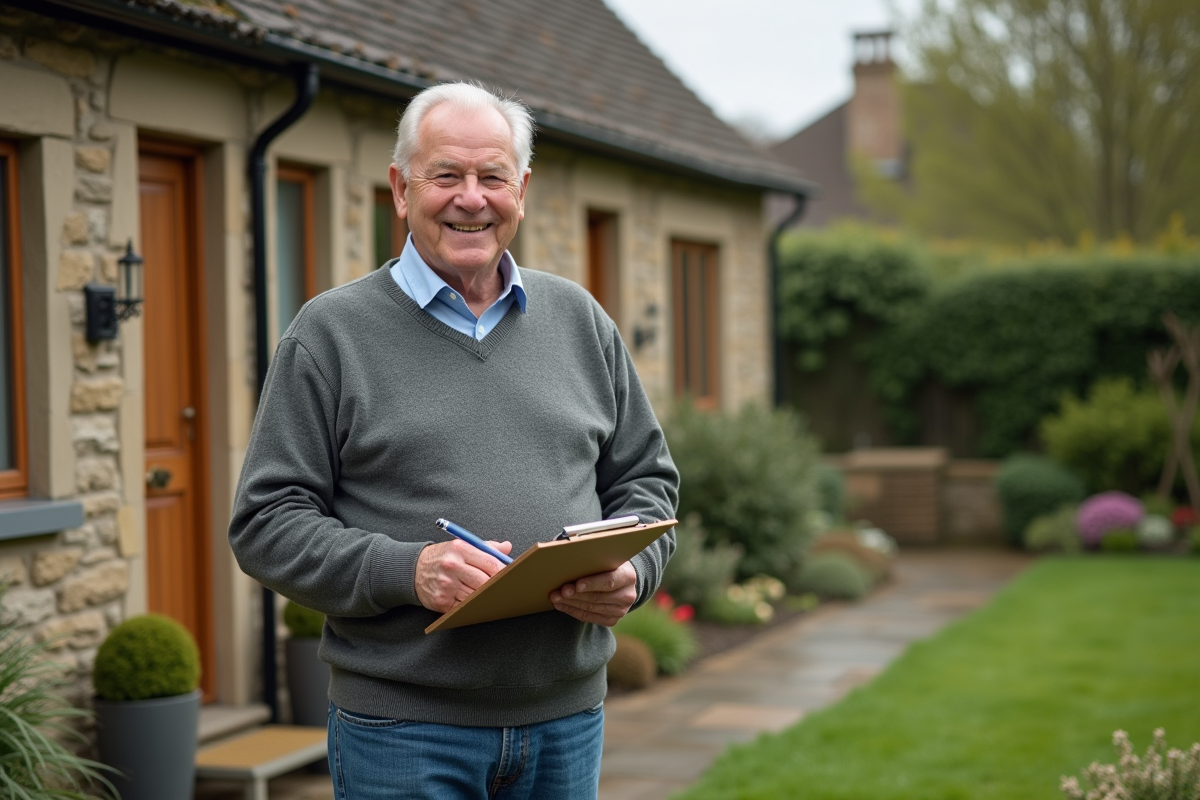 Homme âgé confiant devant une maison de campagne avec jardin