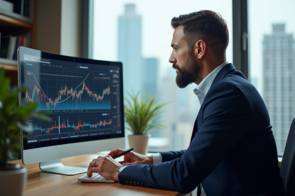 Homme d'affaires étudiant des graphiques financiers sur un ordinateur