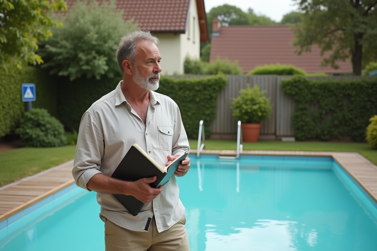 Homme français d'été près d'une piscine en jardin