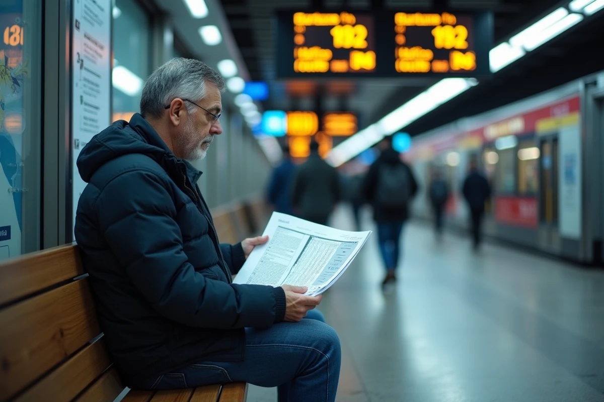 Homme consultant les horaires de la ligne 192 sur un panneau d'information dans une gare routière moderne