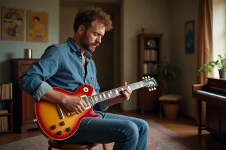 Homme d'âge moyen jouant de la guitare électrique dans un salon chaleureux