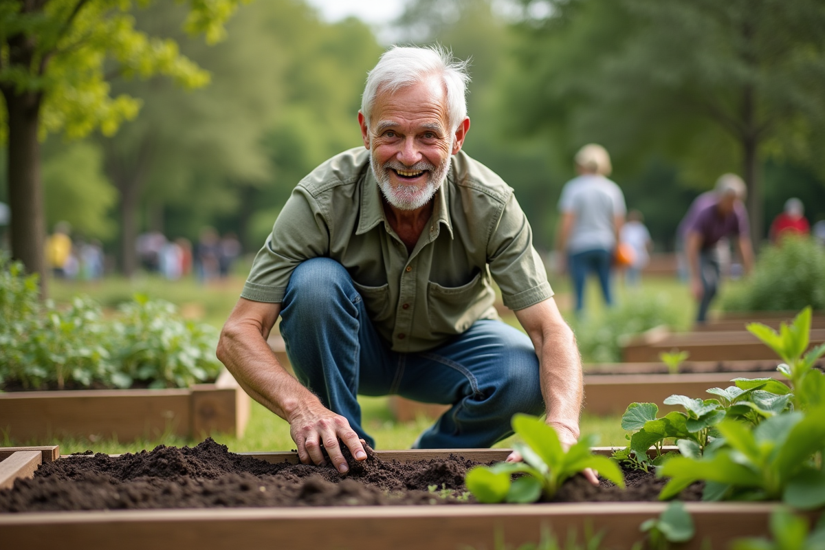 Homme retraité jardinant dans un parc avec un groupe