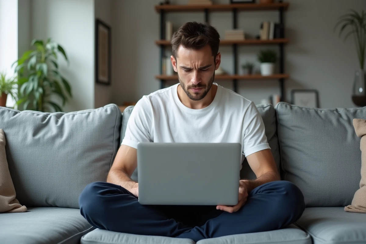 Homme absorbé par un jeu de sémantique en ligne sur son ordinateur portable dans un salon minimaliste, représentant l'engouement pour Cémantix