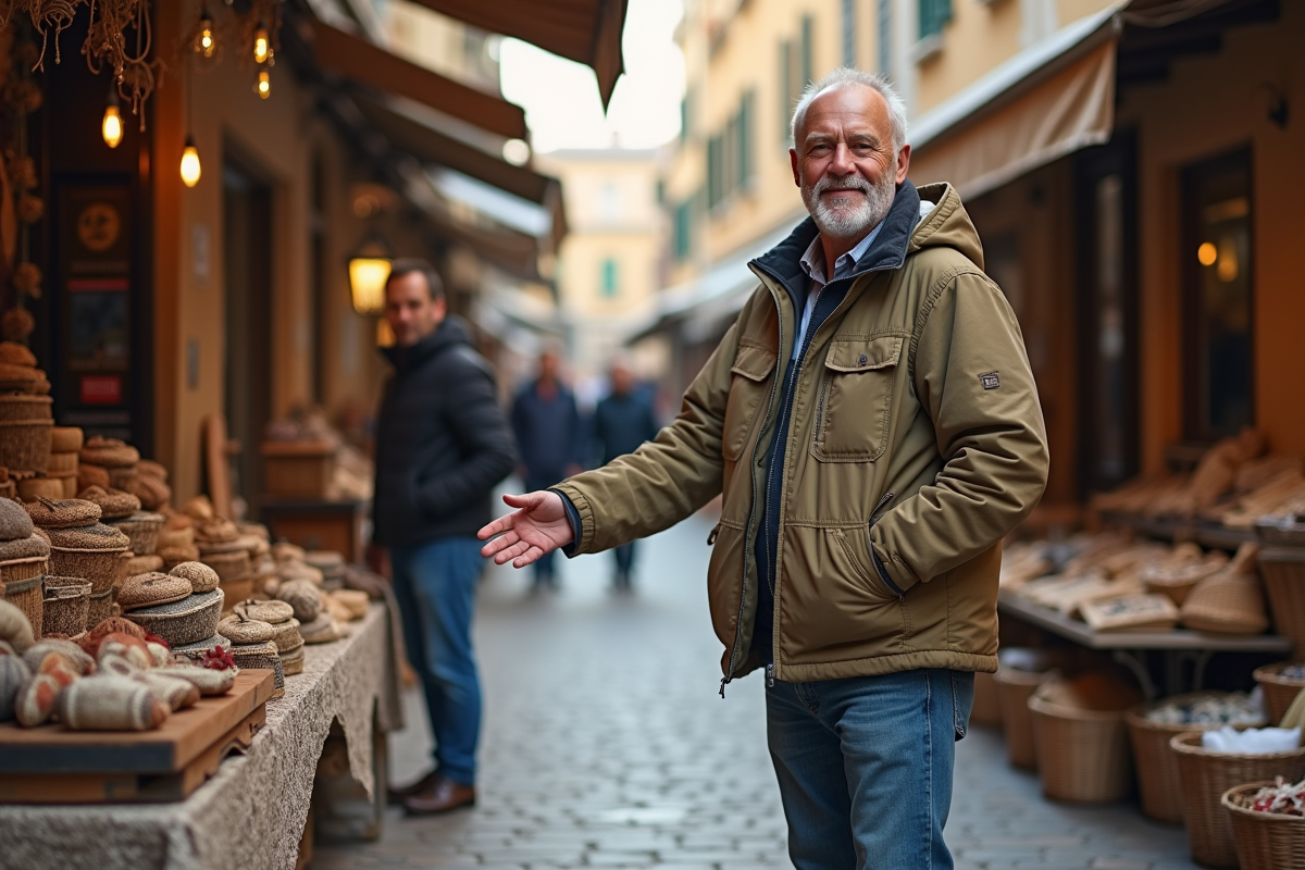 Homme souriant vendant des produits artisanaux en marché
