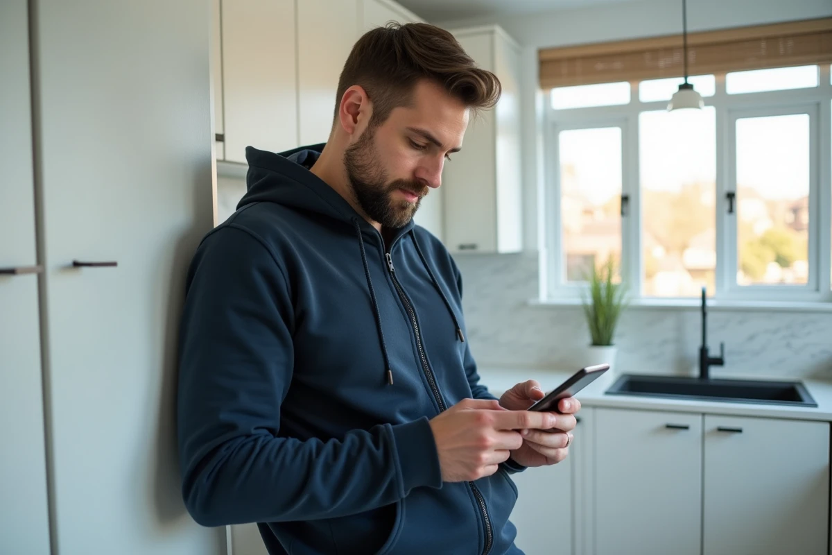 Homme consultant une page produit sur son smartphone dans une cuisine moderne