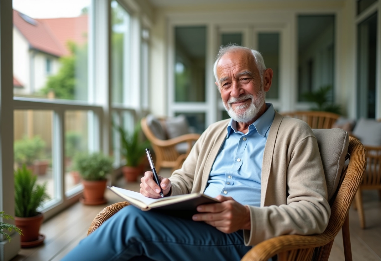 Homme âgé prenant des notes dans un salon lumineux