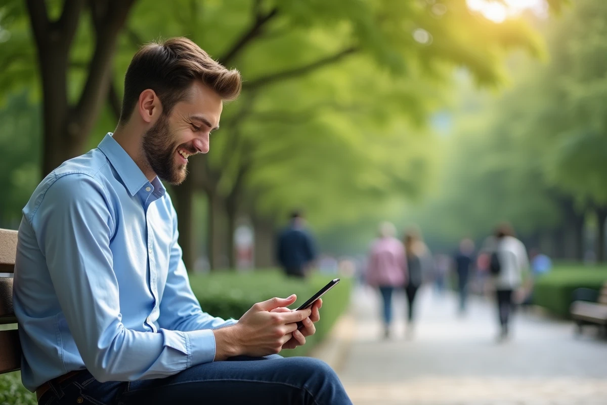 Homme souriant dans un parc urbain utilisant son smartphone pour tchater et rencontrer de nouvelles personnes en ligne via Chérie FM