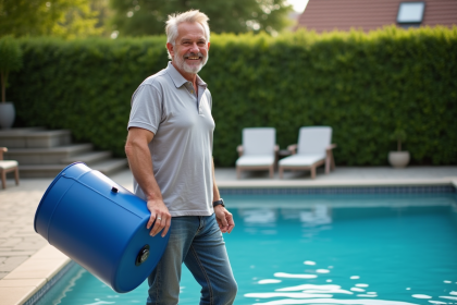 Homme d'âge moyen près d'une piscine de jardin avec baril d'eau de pluie