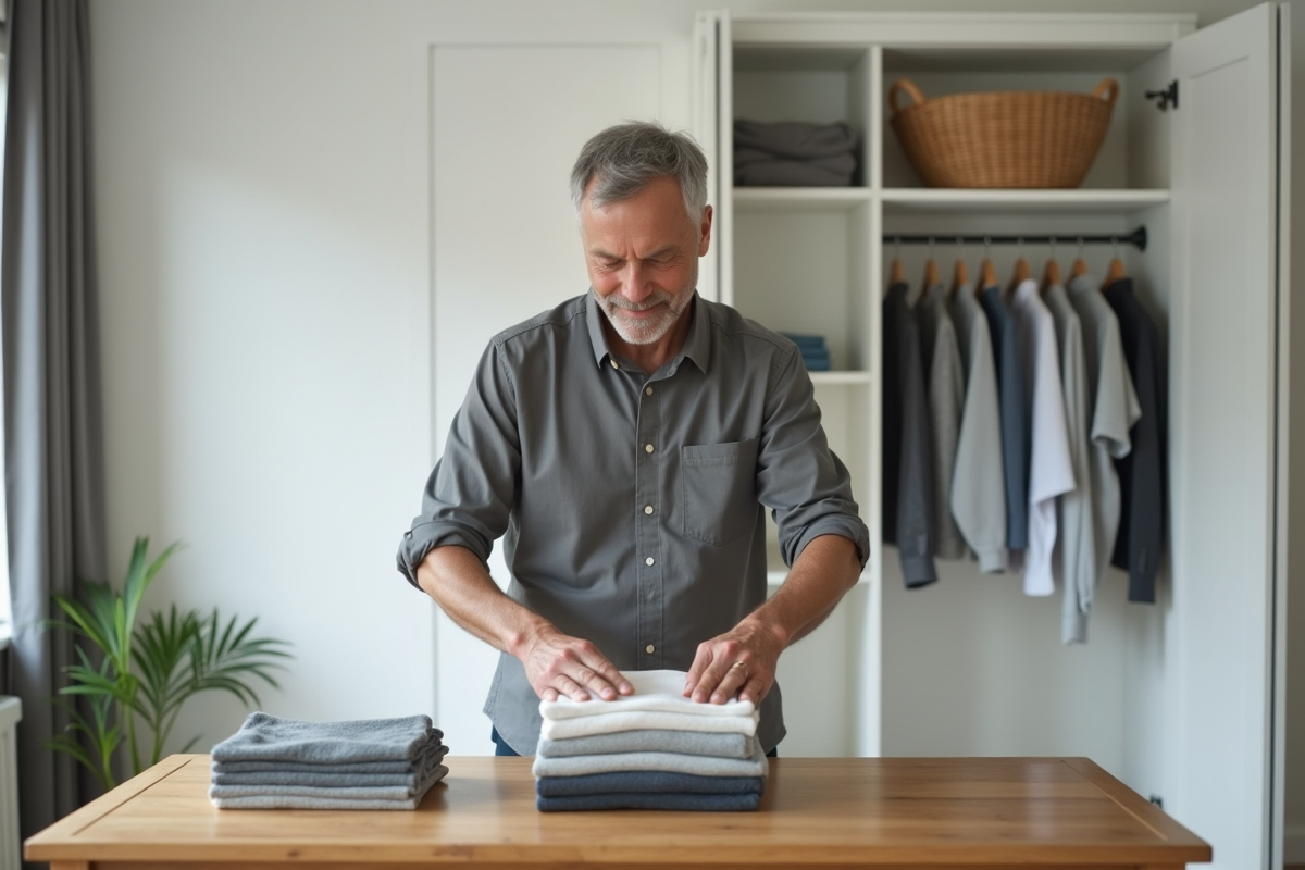 Homme plie des vêtements dans une chambre lumineuse