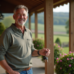 Résidence secondaire ou bien vacant : différences à connaître pour l’achat Homme d'âge moyen souriant avec clés devant maison campagne