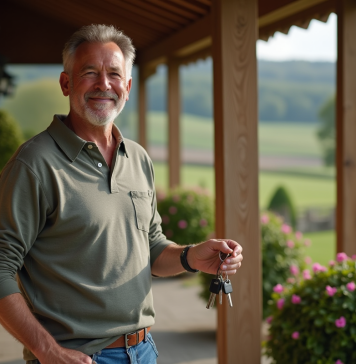 Résidence secondaire ou bien vacant : différences à connaître pour l’achat Homme d'âge moyen souriant avec clés devant maison campagne