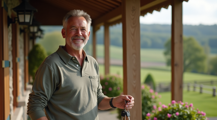 Résidence secondaire ou bien vacant : différences à connaître pour l’achat Homme d'âge moyen souriant avec clés devant maison campagne