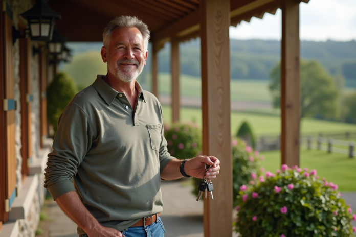 homme-porte-cles-maison-campagne Homme d'âge moyen souriant avec clés devant maison campagne