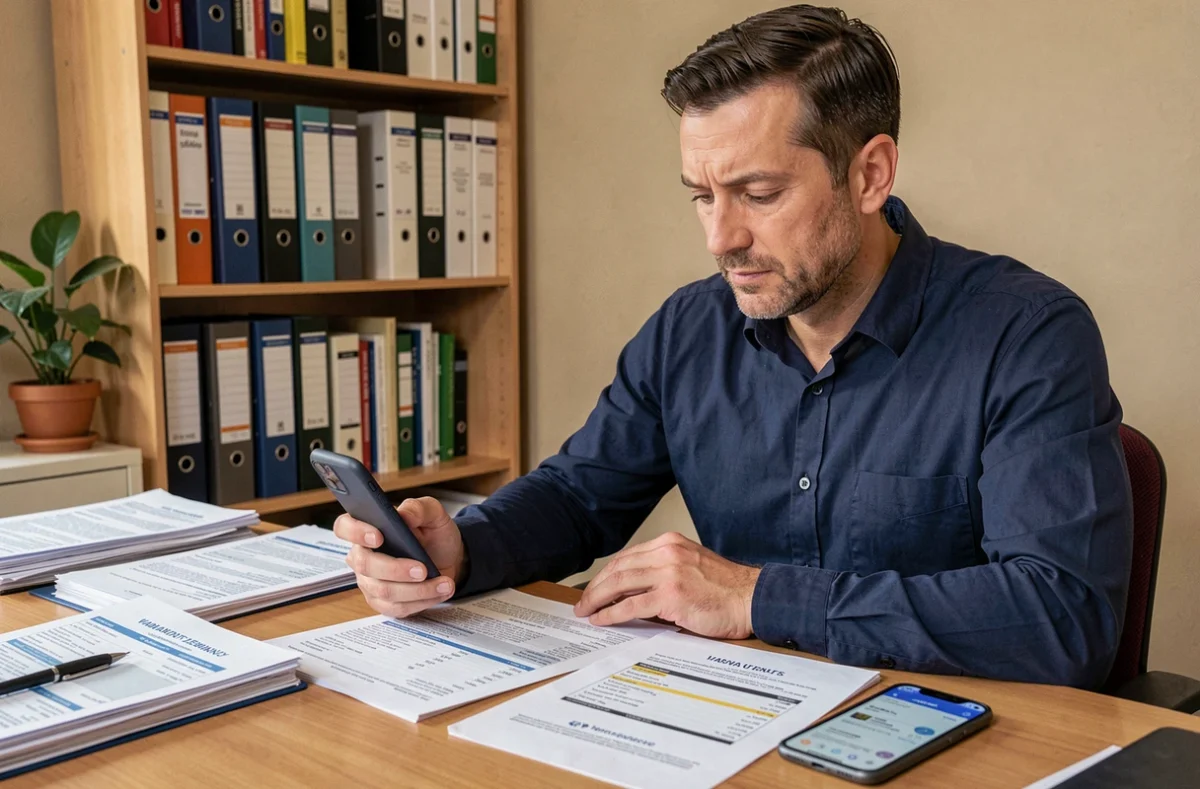 Homme consultant un email de remboursement Darty avec des documents de garantie étalés sur son bureau à domicile