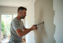 Homme en tenue casual appliquant un enduit mural dans un salon lumineux