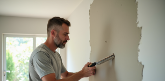 Peut-on gratter un enduit le lendemain pour une finition irréprochable ? Homme en tenue casual appliquant un enduit mural dans un salon lumineux