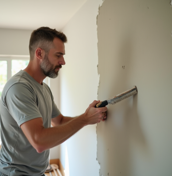 Peut-on gratter un enduit le lendemain pour une finition irréprochable ? Homme en tenue casual appliquant un enduit mural dans un salon lumineux