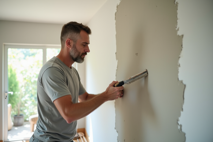 Homme en tenue casual appliquant un enduit mural dans un salon lumineux