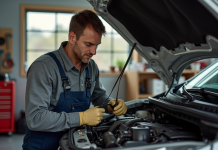 Homme d'âge moyen répare une voiture dans un garage organisé