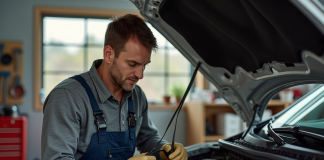 Comment effectuer un remplacement de courroie d’accessoires : astuces et conseils pratiques Homme d'âge moyen répare une voiture dans un garage organisé