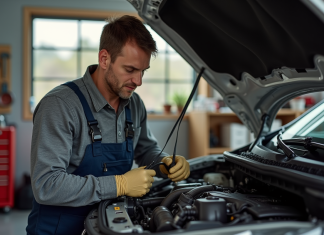 Homme d'âge moyen répare une voiture dans un garage organisé