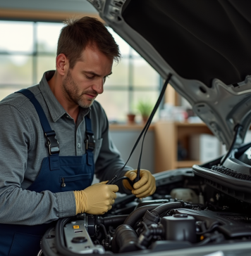 Comment effectuer un remplacement de courroie d’accessoires : astuces et conseils pratiques Homme d'âge moyen répare une voiture dans un garage organisé