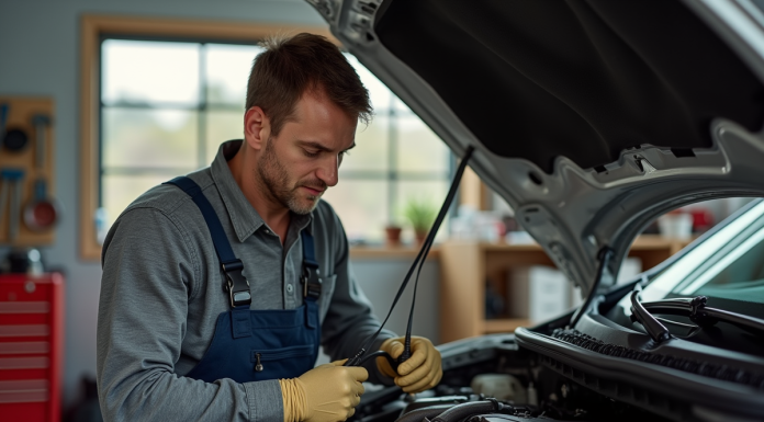 Homme d'âge moyen répare une voiture dans un garage organisé