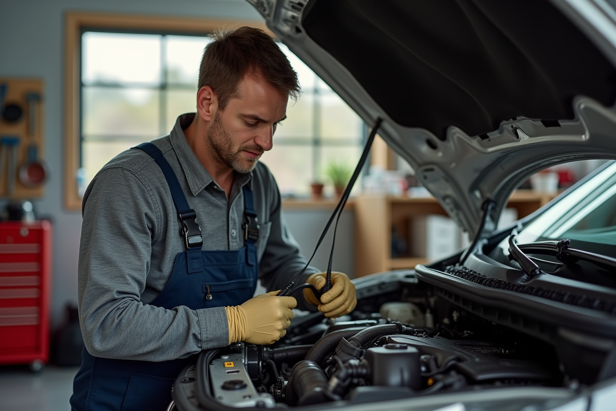 Homme d'âge moyen répare une voiture dans un garage organisé