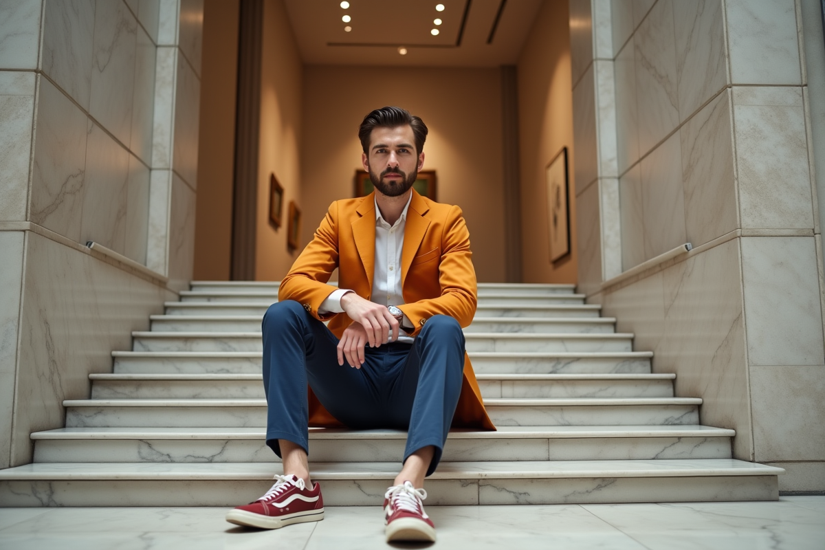 Homme en costume coloré assis dans une galerie d
