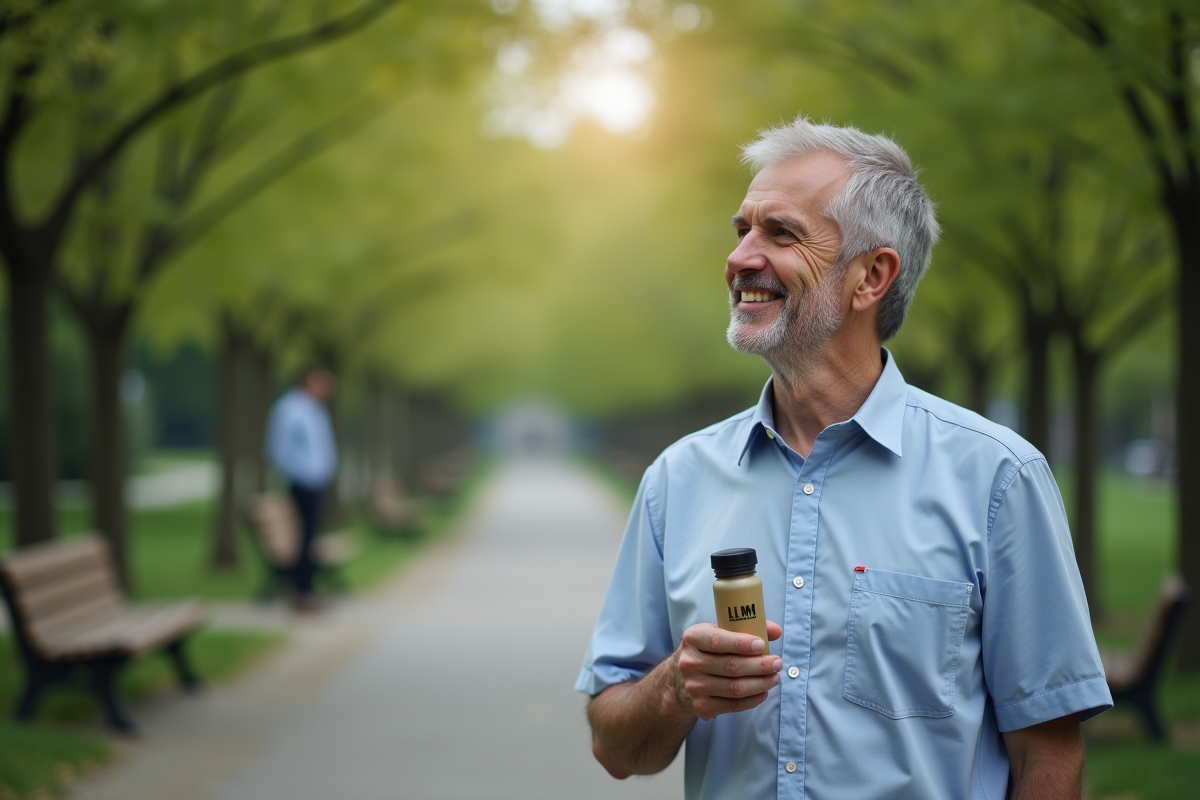 Homme souriant dans un parc urbain avec bouteille LLM
